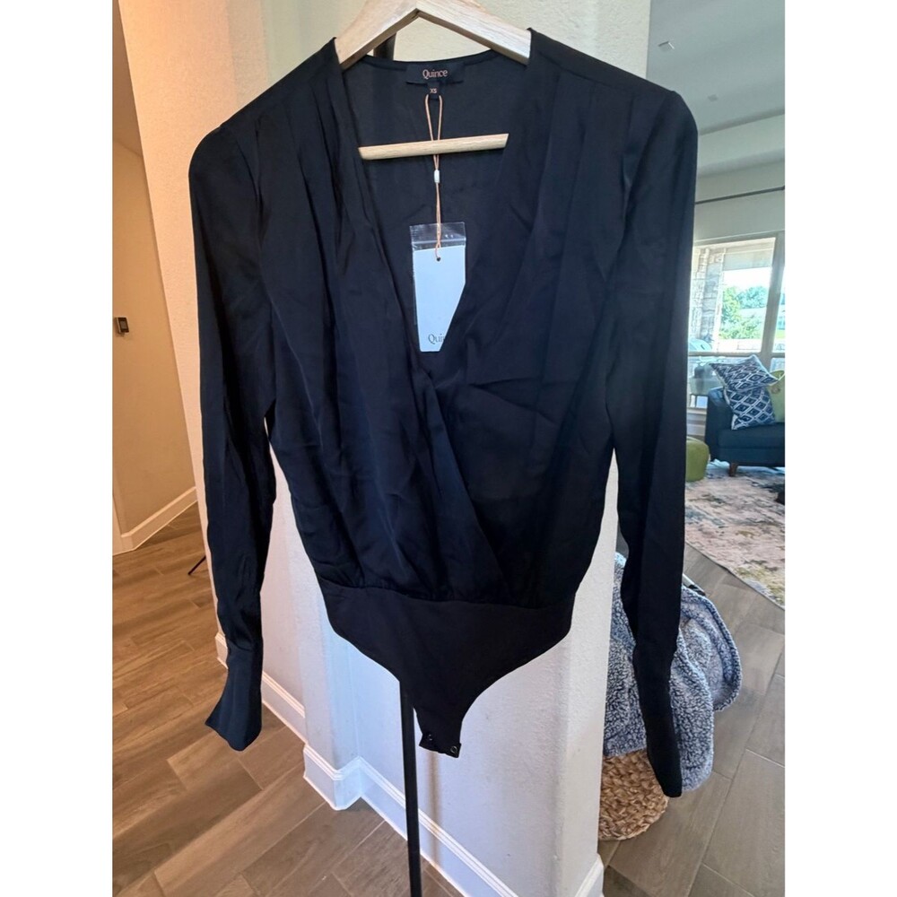 Quince Washable Stretch Silk Suplice Black Long-Sleeve Bodysuit XS